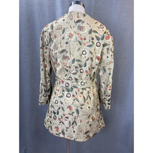 Embroidered Kimono Jacket Beige Floral Open Front Belted Women's M Bohemian - Picture 12 of 13